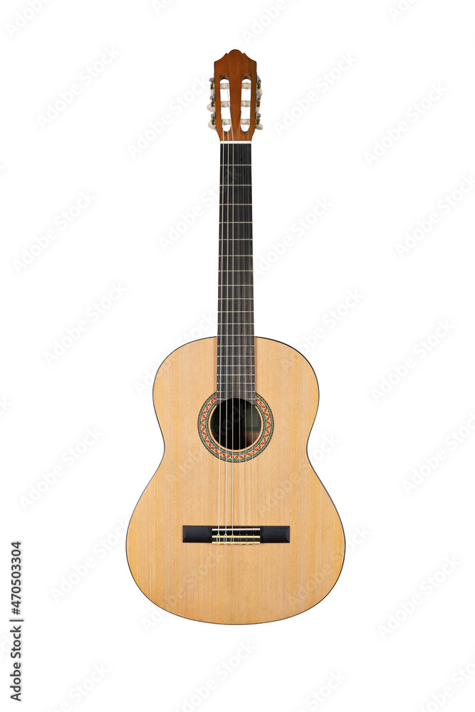 wooden acoustic guitar isolated over white background
