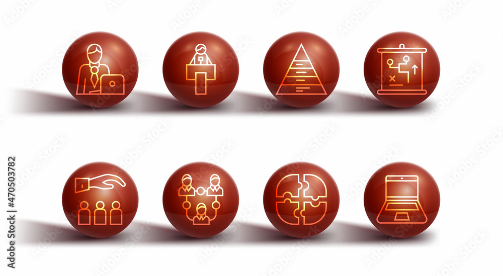 Set line Businessman, Boss with employee, Planning strategy concept, Piece of puzzle, Project team base, Stage stand or tribune, Laptop and Pyramid chart infographics icon. Vector Set line Businessman, Boss with employee, Planning strategy concept, Piece of puzzle, Project team base, Stage stand or tribune, Laptop and Pyramid chart infographics icon. Vector