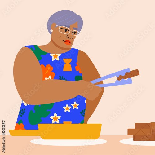 Illustration of older woman frying lumpia