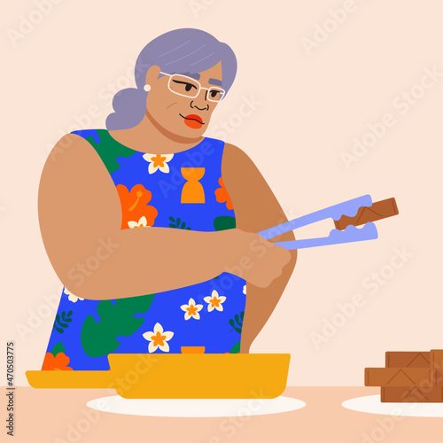 Illustration of older woman frying lumpia