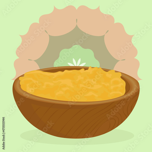 Ghee butter in wooden bowl. Asia India traditional butter in cartoon style. Food ingredient for cooking. Mandala. Flat vector illustration