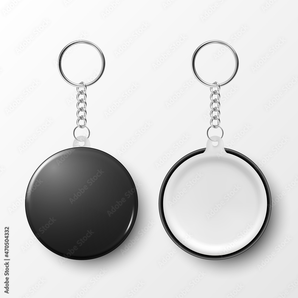 Vector 3d Realistic Blank Black Round Keychain with Ring and Chain for Key  Isolated on White. Button Badge with Ring. Plastic, Metal ID Badge with  Chains Key Holder, Design Template, Mockup vector