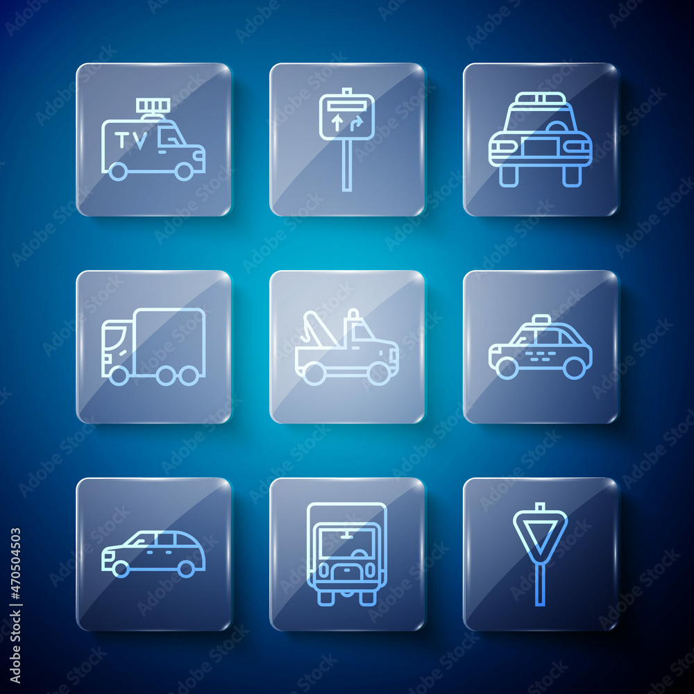Set line Hatchback car, Delivery cargo truck, Road traffic signpost, Police and flasher, Tow, TV News and Taxi icon. Vector Set line Hatchback car, Delivery cargo truck, Road traffic signpost, Police and flasher, Tow, TV News and Taxi icon. Vector