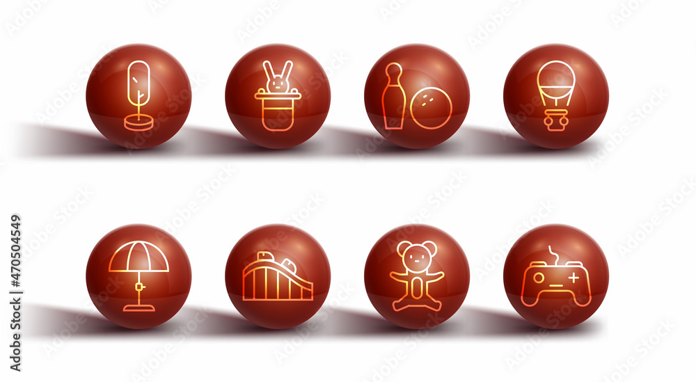 Set line Tree, Sun protective umbrella, Hot air balloon, Teddy bear plush toy, Roller coaster, Magician hat and rabbit, Gamepad and Bowling pin icon. Vector Set line Tree, Sun protective umbrella, Hot air balloon, Teddy bear plush toy, Roller coaster, Magician hat and rabbit, Gamepad and Bowling pin icon. Vector