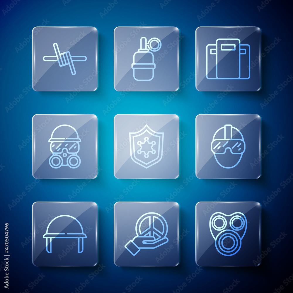Set line Military helmet, Peace, Gas mask, Police assault shield, badge, Barbed wire and Special forces soldier icon. Vector Set line Military helmet, Peace, Gas mask, Police assault shield, badge, Barbed wire and Special forces soldier icon. Vector