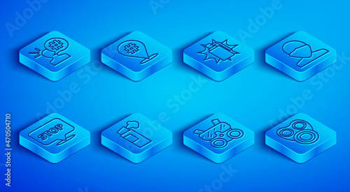 Set line Protest, Hand grenade, Pepper spray, Gas mask, Vandal, and icon. Vector