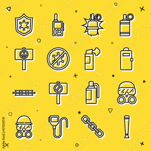 Set line Police rubber baton, Gas mask, assault shield, Hand grenade, Protest, Peace, badge and Pepper spray icon. Vector
