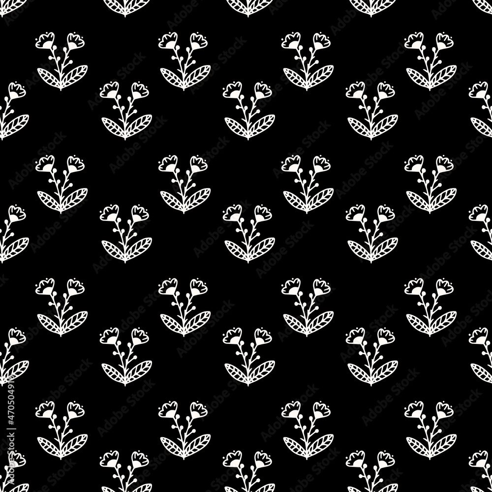 Doodled flower with leaf seamless repeat pattern. Vector, botany plant all over surface minimal print on black background. Doodled flower with leaf seamless repeat pattern. Vector, botany plant all over surface minimal print on black background.