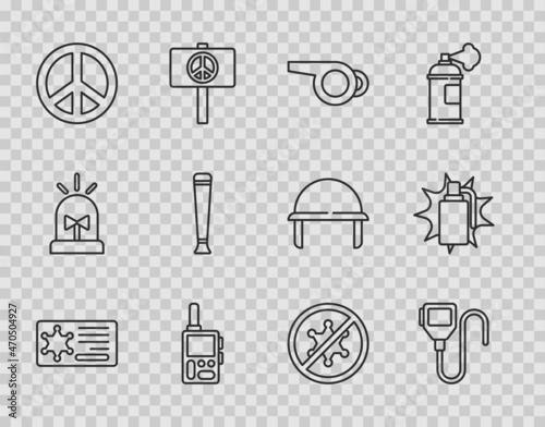 Set line Police badge, Walkie talkie, Whistle, Peace, rubber baton, Protest and Hand grenade icon. Vector