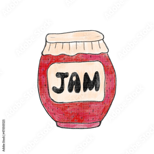 Jar of red berry jam isolated on a white background. A hand-drawn clipart. Cute illustration with colored pencils.