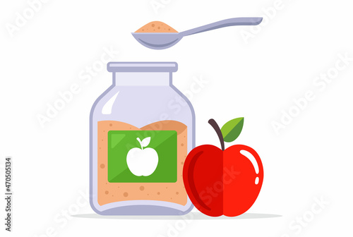 fruit applesauce in a glass jar. spoon with baby food. flat vector illustration.