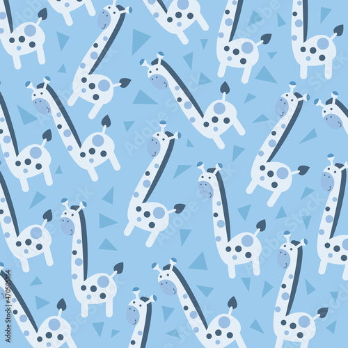 Seamless pattern with cartoon giraffe and flowers