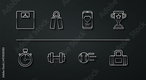 Set line Bathroom scales, Stopwatch, Award cup, Tennis ball, Dumbbell, Sport expander, bag and Mobile with heart rate icon. Vector