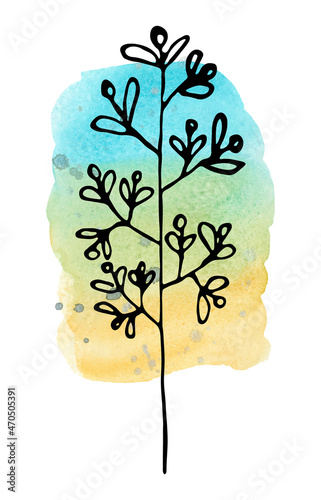 Watercolor blue yellow background and black contour twigs. Hand-drawn, background and twig are isolated from each other, can be moved to your liking.