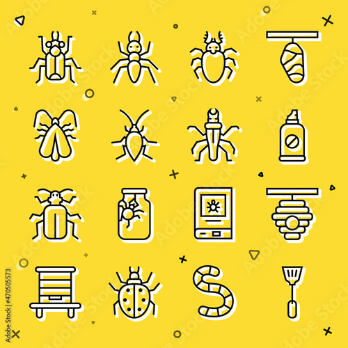 Set line Fly swatter, Hive for bees, Spray against insects, Beetle deer, Cockroach, Clothes moth, bug and Termite icon. Vector