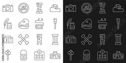 Set line Hanging sign with Open, Ancient column, Paint brush, Broken ancient, Dinosaur skull, Feather and inkwell, Photo camera and Museum audio guide icon. Vector