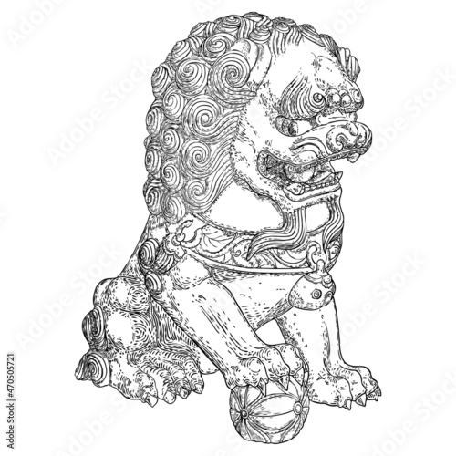 Imperial guardian lion, foo dog or fu dog in western languages and English. Stylized Chinese lion, male with a ball. Protect the building from harmful spiritual influences. Vector.