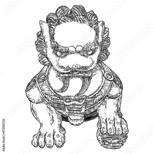Chinese guardian lion statue hand drawn illustration. Traditional Chinese architectural ornament made of stone. Stone lion or shishi made for protection harmful spiritual influences. Vector.