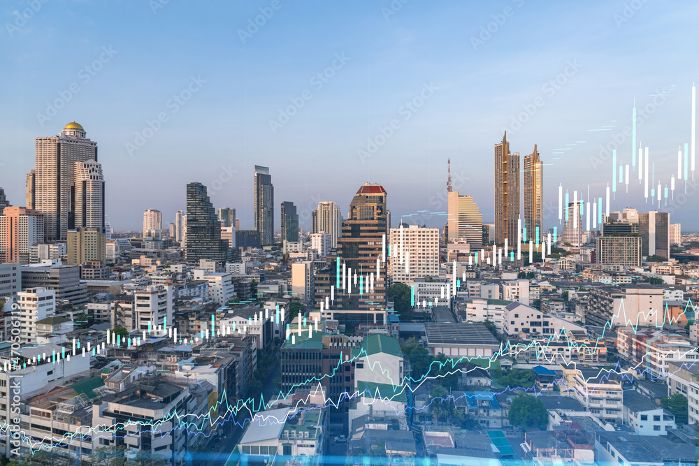 Fototapeta premium Glowing FOREX graph hologram, aerial panoramic cityscape of Bangkok at sunset. Stock and bond trading in Southeast Asia. The concept of fund management. Double exposure.