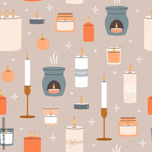 Various Candles seamless pattern. Different shapes and sizes. Pillar, jar candle, candlestick, circle candle, multi wick. Decorative wax candles for relax and spa. Hand drawn Vector background