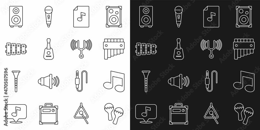 Set line Maracas, Music note, tone, Pan flute, book with, Guitar, Xylophone, Stereo speaker and Musical tuning fork icon. Vector Set line Maracas, Music note, tone, Pan flute, book with, Guitar, Xylophone, Stereo speaker and Musical tuning fork icon. Vector
