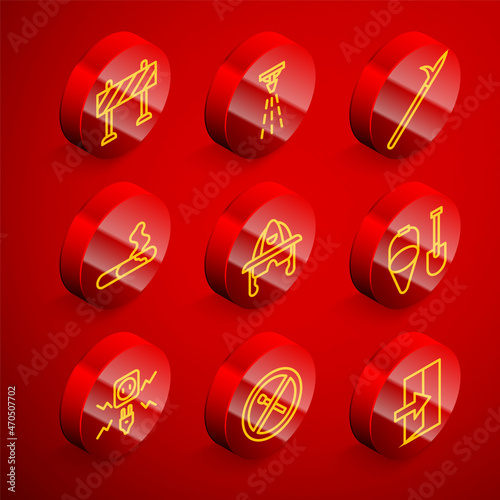 Set line Road barrier, Fire sprinkler, Metal pike pole, Cigarette, Firefighter helmet, shovel and bucket, Electricity spark and No fire match icon. Vector