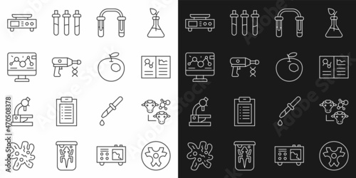 Set line Biohazard symbol, Cloning, Clinical record, Test tube and flask, Transfer liquid gun, Genetic engineering modification, Electronic scales and Genetically modified apple icon. Vector