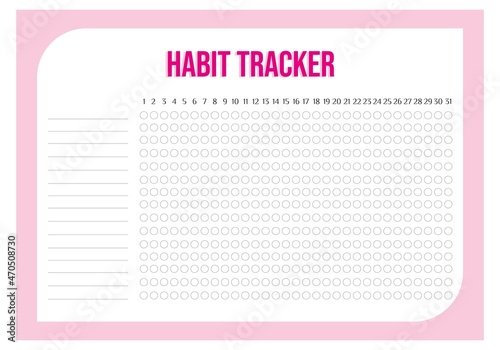 Modern collection of habit tracker daily weekly monthly planner printable template with pink background. Collection of note paper, to do list, stickers templates. Blank white notebook page A4.