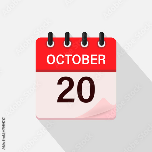 October 20, Calendar icon with shadow. Day, month. Flat vector illustration.