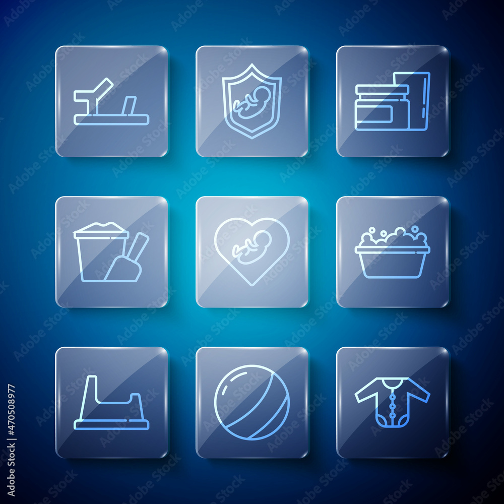 Set line Baby potty, Beach ball, clothes, food, inside heart, Sand bucket with shovel, shoes and bathtub icon. Vector Set line Baby potty, Beach ball, clothes, food, inside heart, Sand bucket with shovel, shoes and bathtub icon. Vector