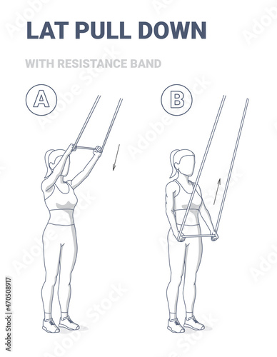 Lat Pulldown Fitness Exercise with Thin Resistance Band Guidance. Fitness Junkie with Rubber Loop.