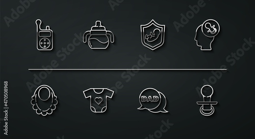 Set line Baby Monitor Walkie Talkie, bib, dummy pacifier, Speech bubble dad, clothes, bottle, and shield icon. Vector