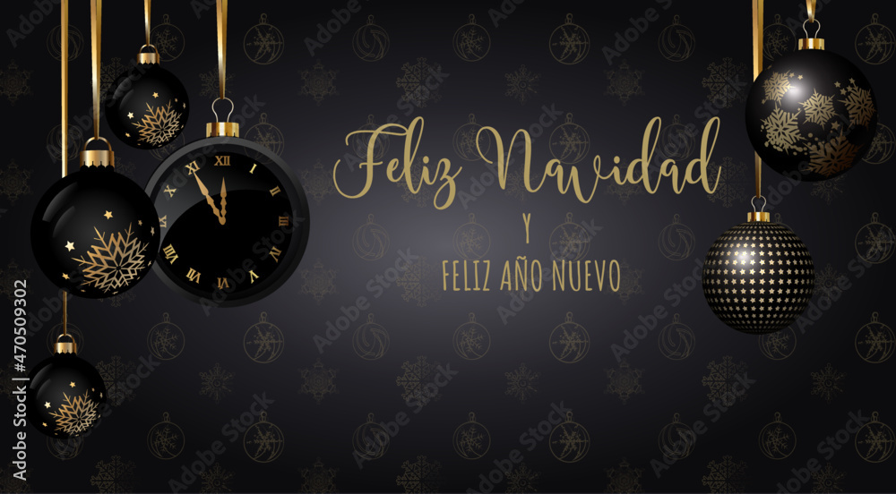 tarjeta o pancarta en feliz navidad y feliz año nuevo en oro sobre un fondo negro con bola navideña y copos de nieve estrella en oro y a cada lado de las bolas, reloj en color dorado y negro