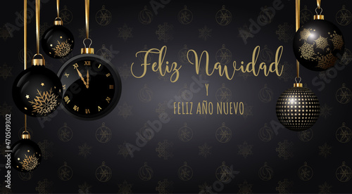 tarjeta o pancarta en feliz navidad y feliz año nuevo en oro sobre un fondo negro con bola navideña y copos de nieve estrella en oro y a cada lado de las bolas, reloj en color dorado y negro