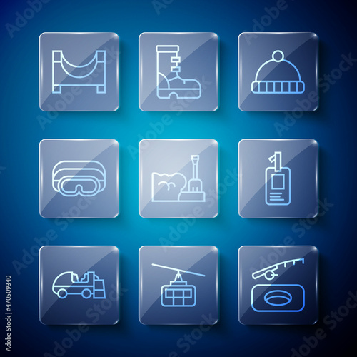 Set line Ice resurfacer, Cable car, Winter fishing, hat, Shovel snowdrift, Ski goggles, Skate park and Identification badge icon. Vector