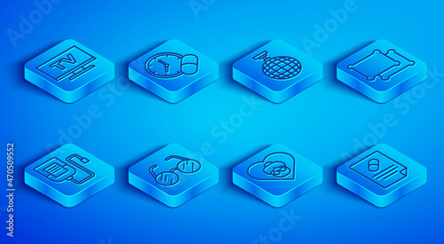 Set line Smart Tv, Medicine pill or tablet, Disco ball, Eyeglasses, Grandmother, Pillow, IV bag and Medical prescription icon. Vector