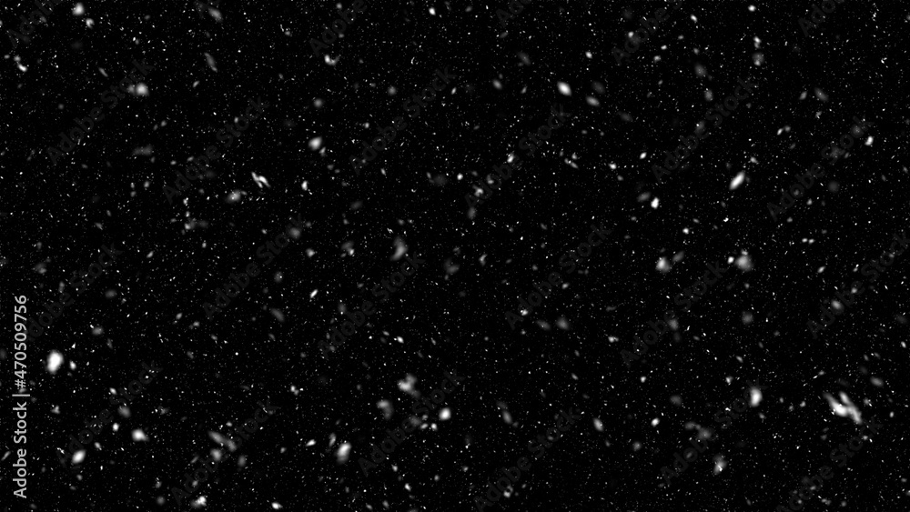 Flocons de neige réalistes tombant - Calque avec fond noir à superposer / Overlay | Falling realistic natural snowflakes from top to bottom, calm snow for digital composition	
