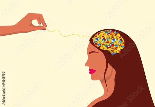Psychotherapy for online social addiction. Hand pulls thread of web emotions from womans head. Treatments for digital depression and modern internet addiction to social networks vector.