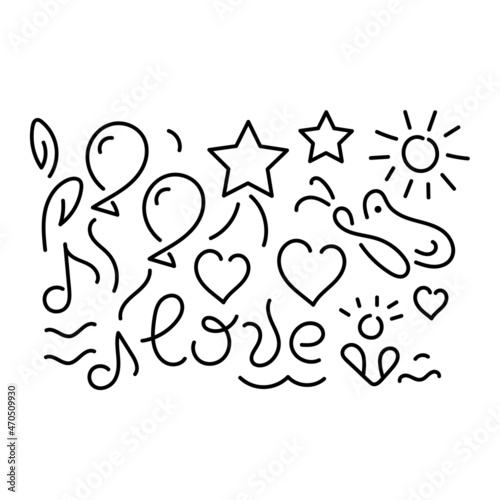 Doodle hand drawing background. Love words  hearts  flowers  abstract elements