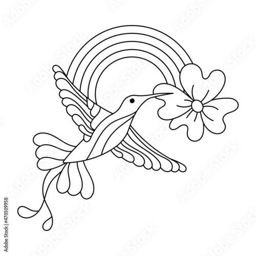Coloring book for kids, Hummingbirds and rainbows. Black and white contour vector illustration