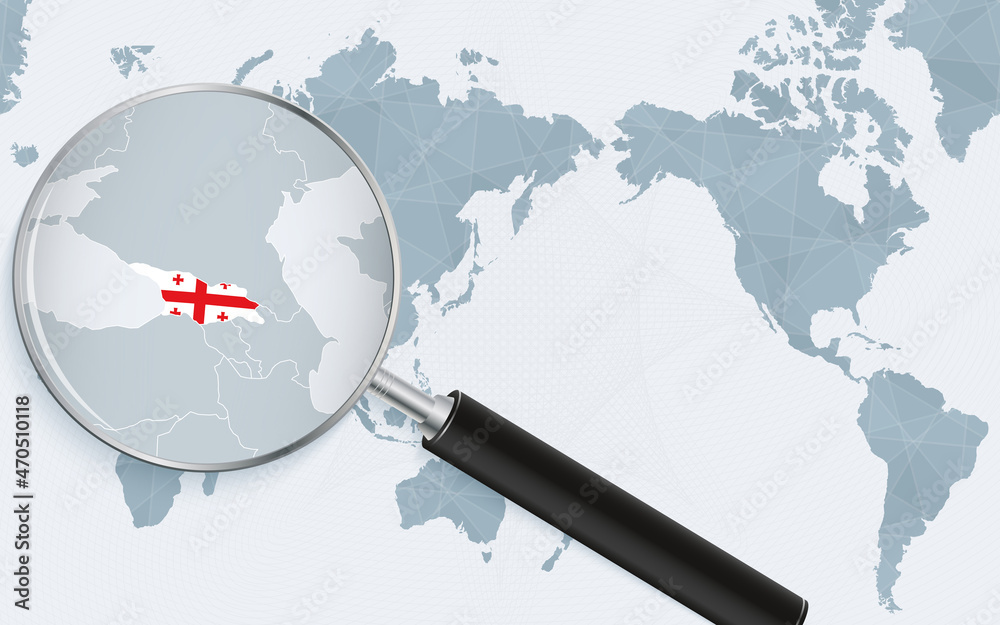 Asia centered world map with magnified glass on Georgia. Focus on map of Georgia on Pacific-centric World Map. Asia centered world map with magnified glass on Georgia. Focus on map of Georgia on Pacific-centric World Map.