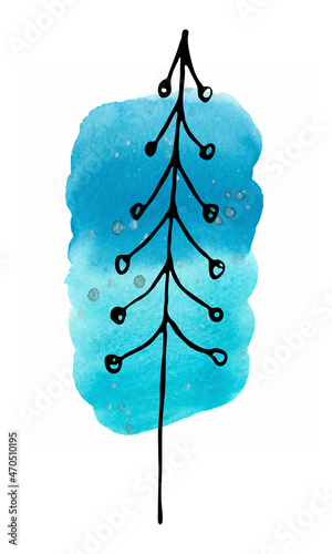 Watercolor blue background and black contour twigs. Hand-drawn, background and twig are isolated from each other, can be moved to your liking.