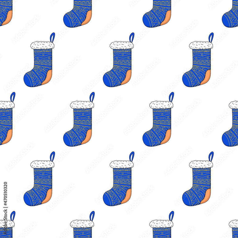 Christmas stocking seamless pattern. Decorative blue sock with white fur and golden stripes. Vector illustration in cartoon style. A sock over the fireplace for Santa gifts.