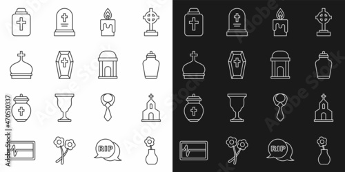 Set line Flower in vase, Church building, Funeral urn, Burning candle, Coffin with cross, tower, and Old crypt icon. Vector