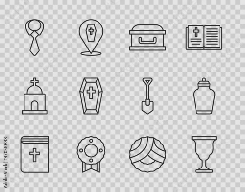 Set line Holy bible book, Christian chalice, Coffin with cross, Memorial wreath, Tie, and Funeral urn icon. Vector