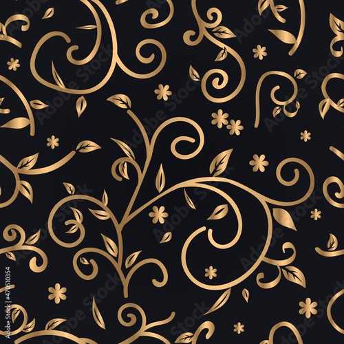 Gold seamless pattern of abstract flowers, leaves. Vector illustration