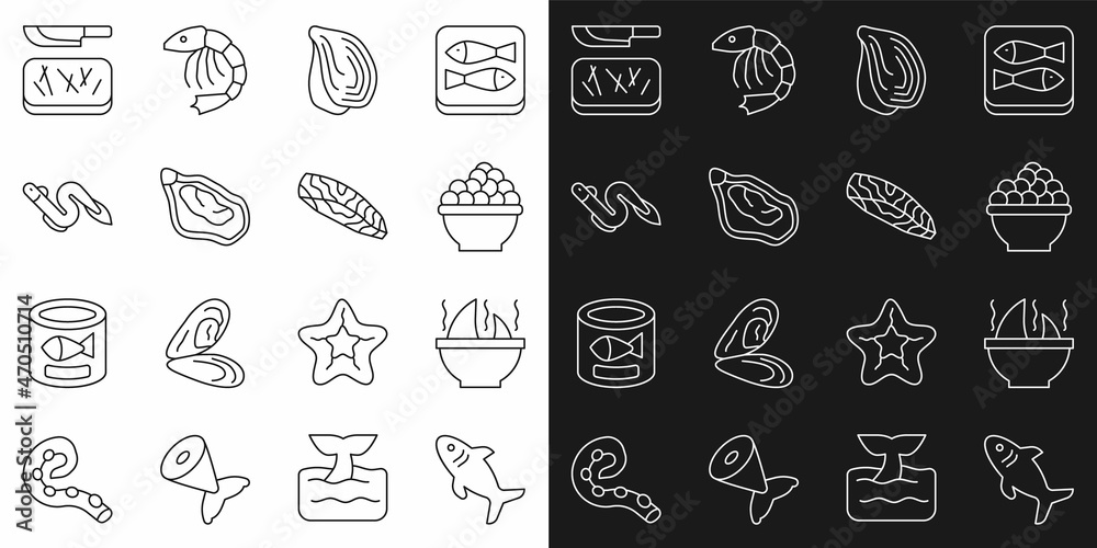 Set line Shark, fin soup, Caviar, Mussel, Eel fish, Cutting board and knife and Fish steak icon. Vector Set line Shark, fin soup, Caviar, Mussel, Eel fish, Cutting board and knife and Fish steak icon. Vector