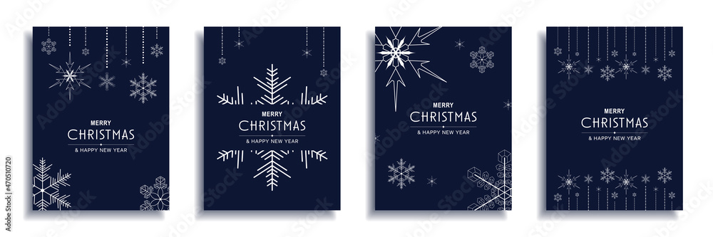 Merry Christmas and New Year 2022 brochure covers set. Xmas minimal banner design with white snowflakes decorative borders on blue backgrounds. Vector illustration for flyer, poster or greeting card - obrazy, fototapety, plakaty 