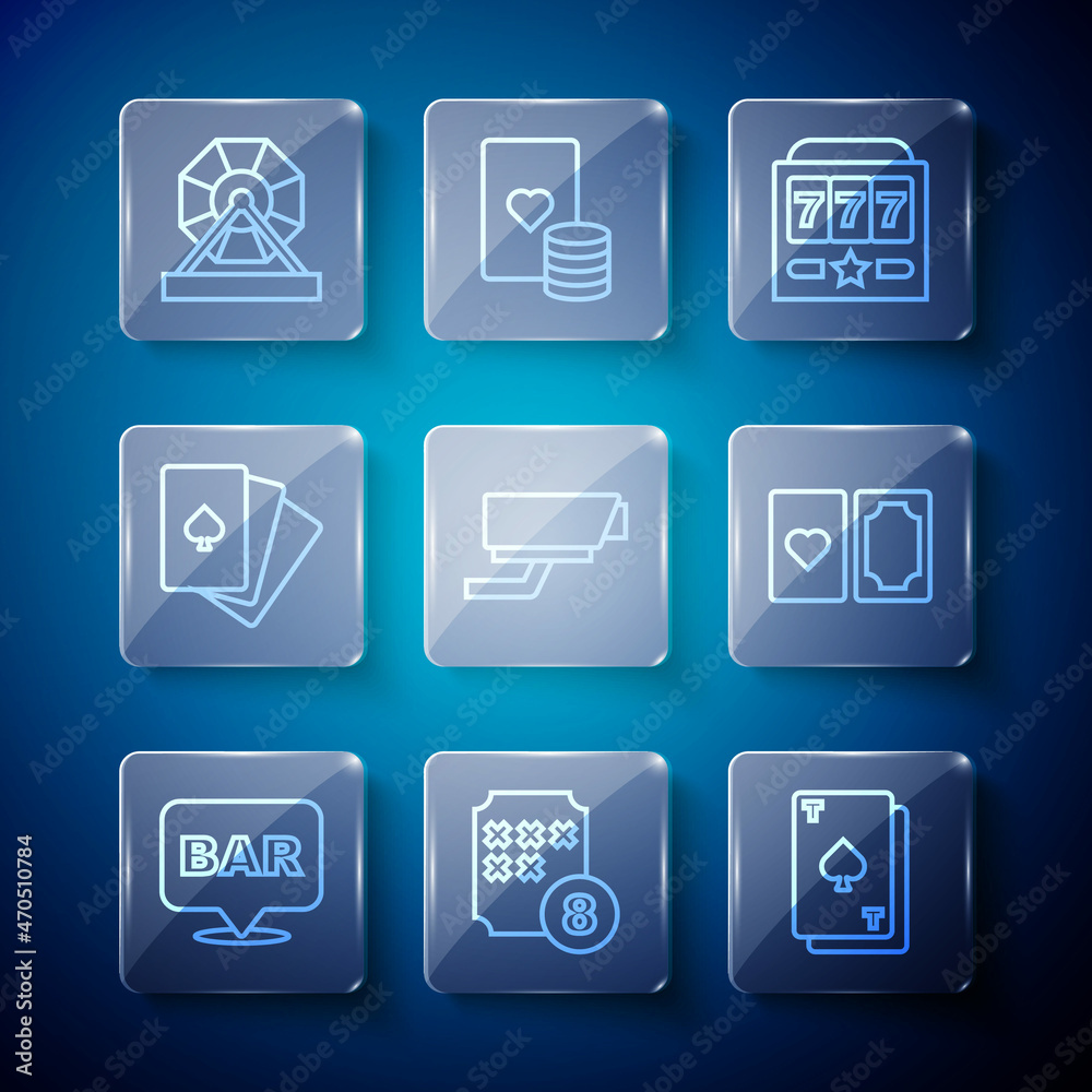 Set line Alcohol bar location, Lottery ball bingo card, Playing with spades, Slot machine jackpot, Security camera, Deck of playing cards, and icon. Vector Set line Alcohol bar location, Lottery ball bingo card, Playing with spades, Slot machine jackpot, Security camera, Deck of playing cards, and icon. Vector