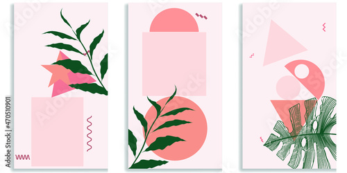 Social media covers with simple design elements . Boho style . Leaves . Post frame stories templates.  Layout for promotion .Media banner .Vector